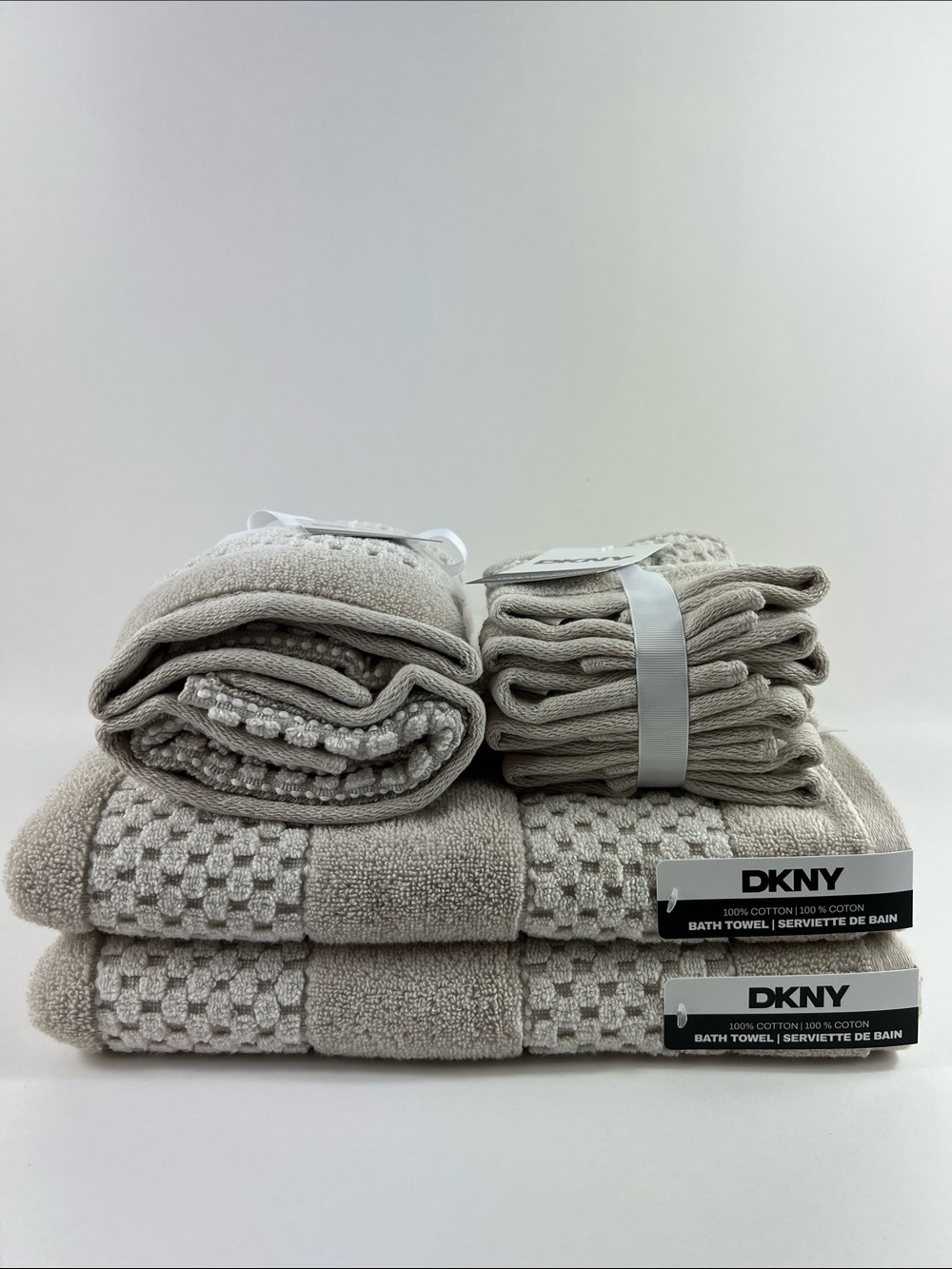 DKNY Bath Towels Tan White Textured Soft Plush 100% Cotton 8 Pc Set NEW